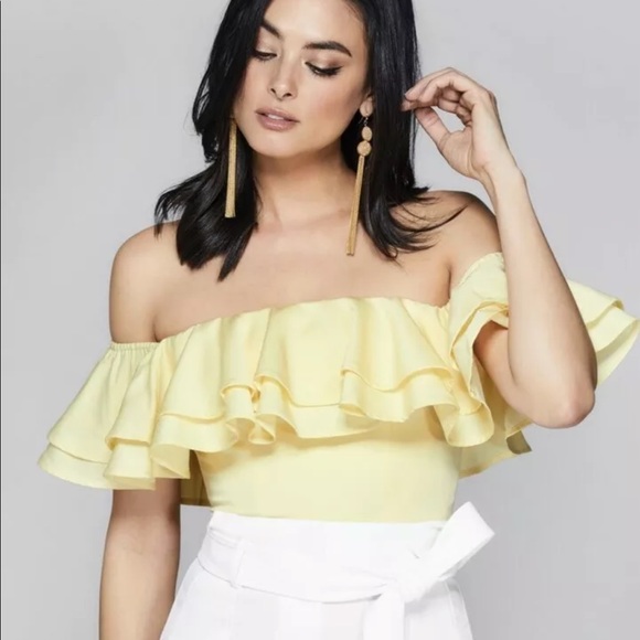 yellow ruffle off the shoulder top